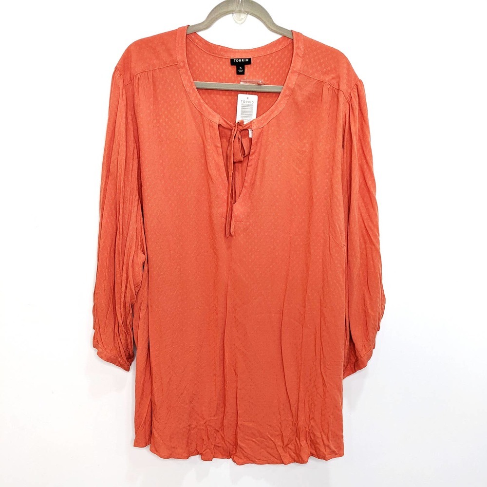 New Torrid Blouse Womens 5X Plus Size Textured Woven Peasant Apricot Orange Tie